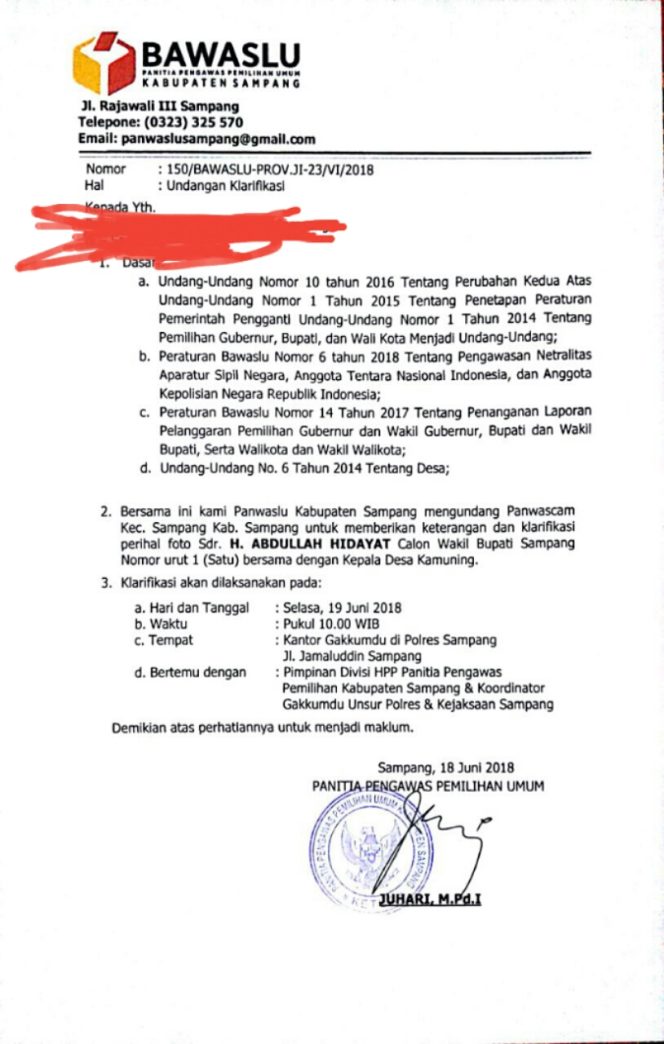 
Keterangan foto: Surat Panwaskab Sampang terkait pemanggilan klarifikasi calon wakil nomor urut 1.