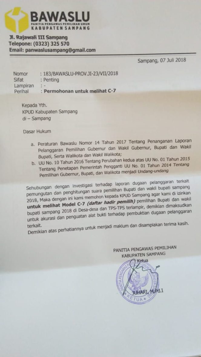 
Dokumen surat permohonan Panwaskab ke KPU Sampang