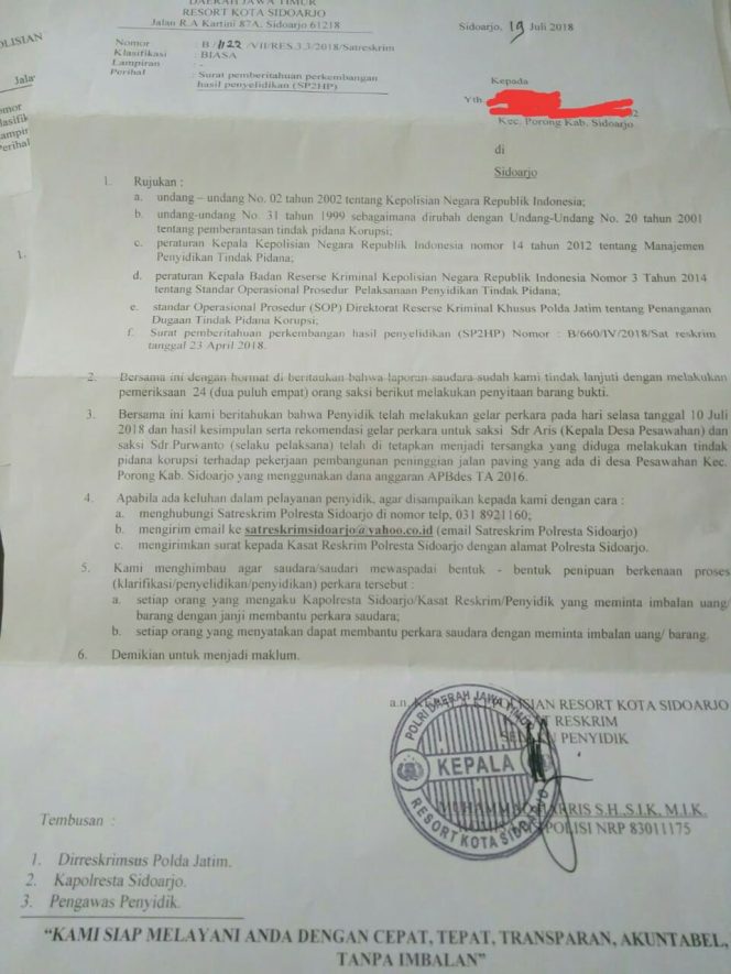 
Foto surat SP2HP dugaan penyelwengan dana apbdes 2016 oleh kades sawahan