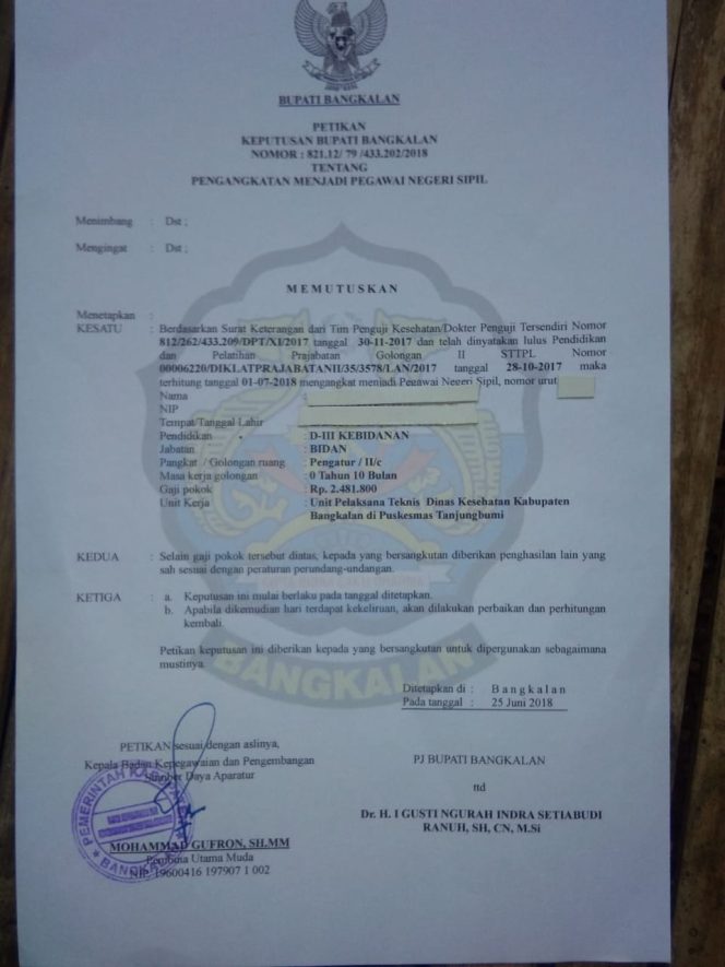 
Petikan Surat Keputusan Bupati Bangkalan tentang Pengangkatan PNS
