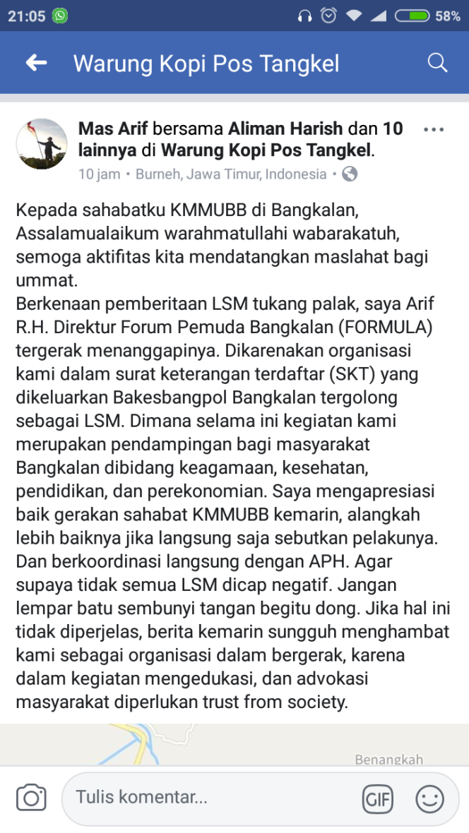 
Surat terbuka Direktur LSM Formula Arif Rahman Hakim kepada KMMUBB yang di posting di FB.