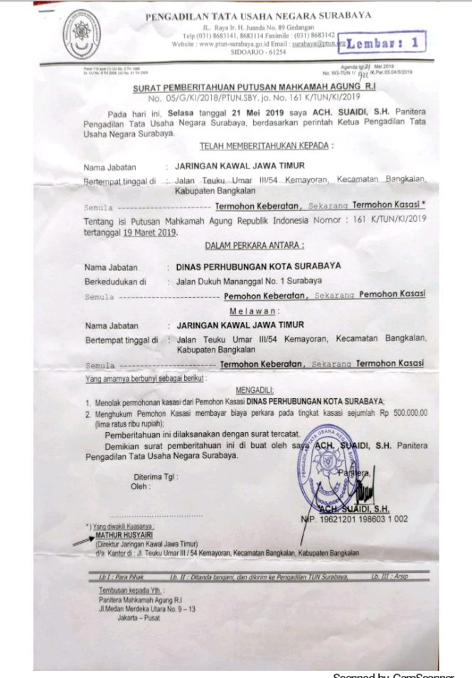 
Sengketa Informasi dengan Jaka Jatim, MA RI Tolak Kasasi dari Dishub Surabaya