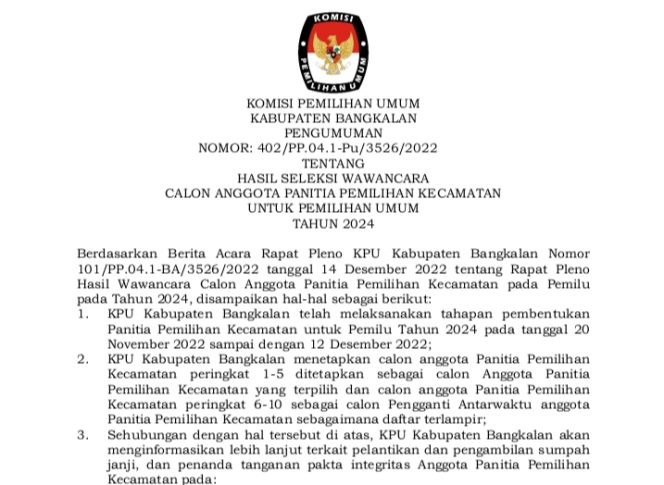
KPU Bangkalan Tetapkan 5 Nama PPK Pemilu 2024, Cek Namamu Disini